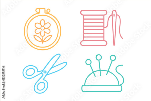 Neon sewing symbols in four quadrants on gradient background