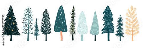 Set of minimalist flat vector evergreen and deciduous trees with different shapes and colors isolated on white background for forest and nature design concepts