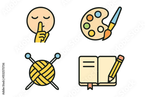 Creative icons set: silence gesture, art palette, yarn knitting, notebook and pencil