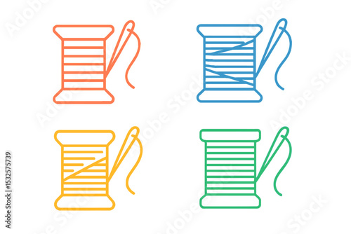 Colorful neon sewing icons: thread and needle symbols in pop art style