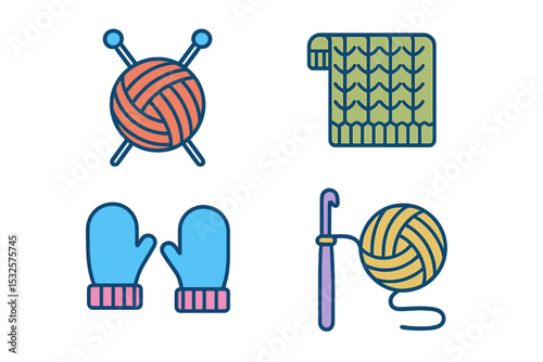 Knitting and crocheting icons: yarn, needles, scarf, mittens, hook
