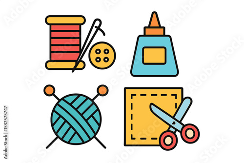 Crafting icons: sewing, knitting, and glue with scissors and button