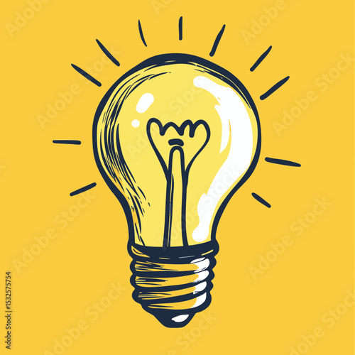 Hand drawn doodle style light bulb with glowing filament sketch on yellow background creative idea symbol illustration vector