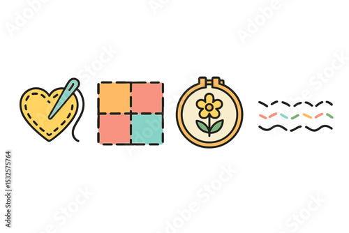 Colorful embroidery and quilting set with heart, quilt blocks, hoop, and thread