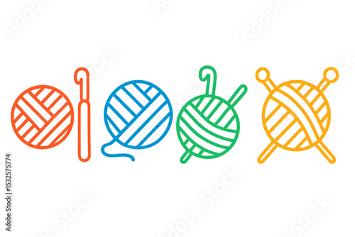 Colorful yarn icons with crochet hooks and knitting needles on gradient background