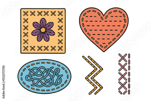Colorful stitched patterns: heart, flower, oval, zigzag designs