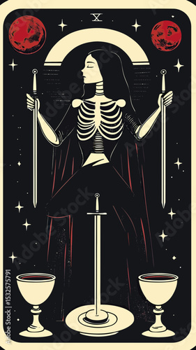 Tarot card illustration of woman with exposed rib cage holding two swords standing between two cups under red moons in minimalist flat vector style