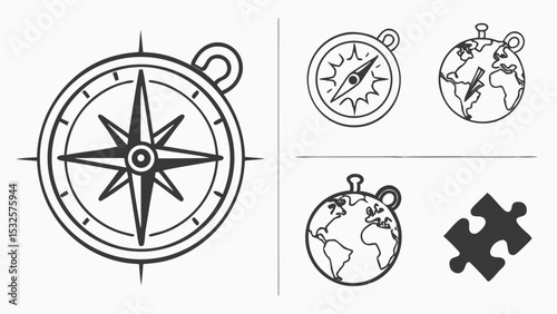 A collection of line art featuring a compass, globe with handle, and a puzzle piece in black and white