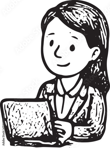 Black-and-white sketch of a businesswoman using a laptop, in a suit, focused, great for technology, office work, and professional productivity themes