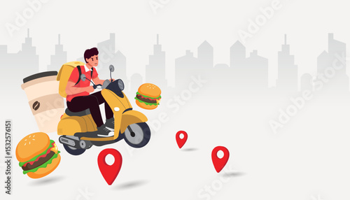 Fast delivery concept with scooter coming with packages through the smartphone screen