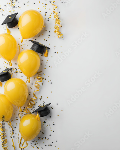 Minimal Graduation Border with Yellow Balloons, Caps & Confetti on Right