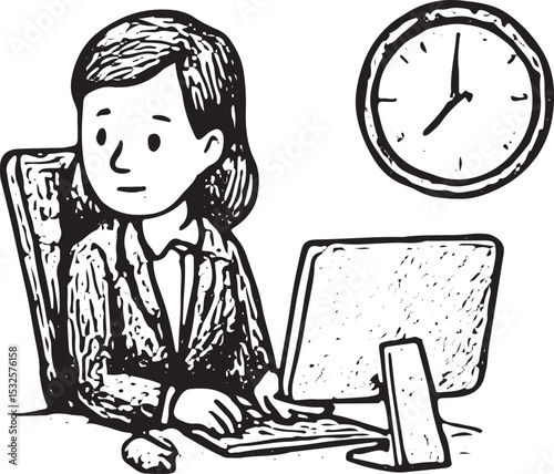 Black-and-white sketch of a businesswoman at a desk, in a suit, working, ideal for office environment and professional productivity themes