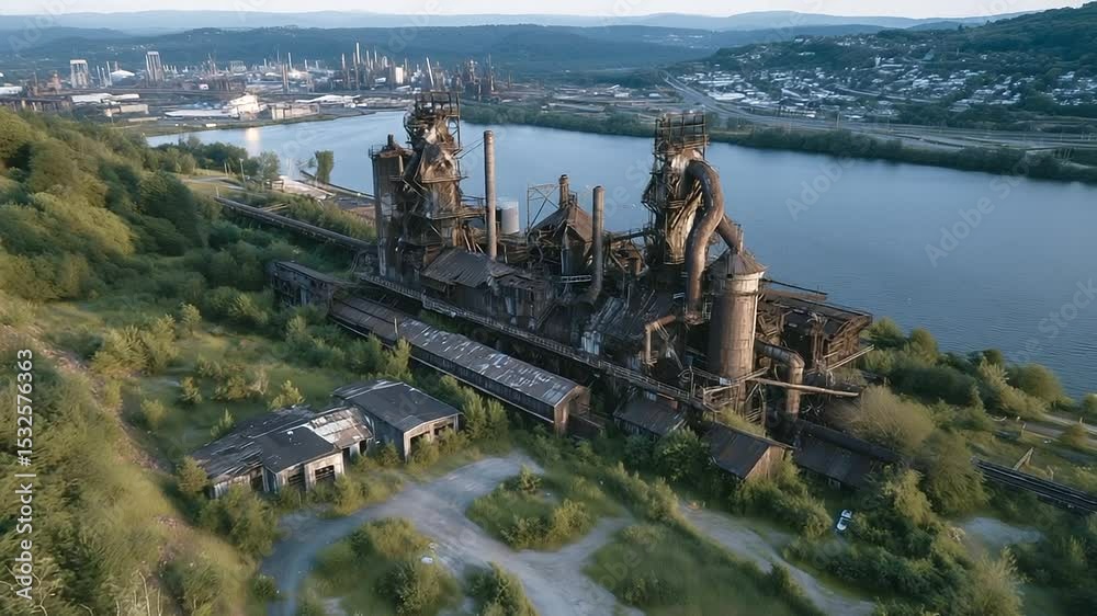 From above, oxidized steel towers and rusted cranes stand frozen in time, surrounded by dense vegetation reclaiming the perimeter of the abandoned plant