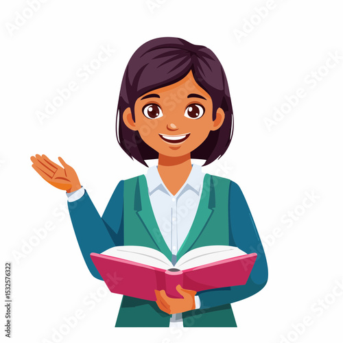Flat vector of a teenage girl reading a book aloud while standing in front of a class, representing education, public speaking and learning