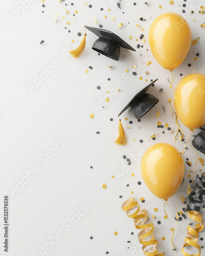 Minimal Graduation Border with Yellow Balloons, Caps & Confetti on Right