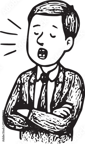 Black-and-white sketch of an excited businessman in a suit, reacting in an office, ideal for enthusiastic and dynamic workplace moments