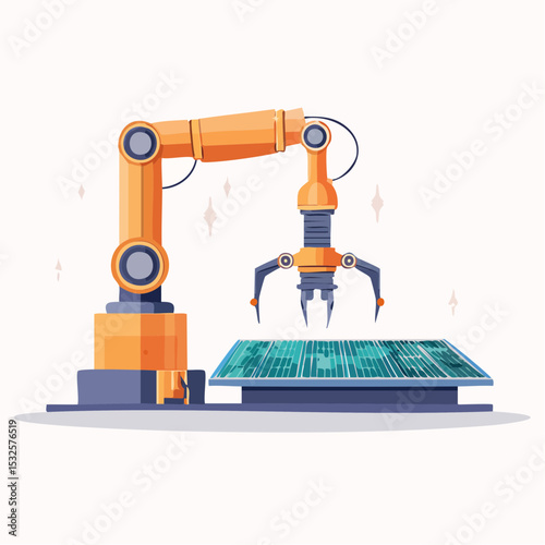 High-detail flat vector showing a robotic arm assembling microchips on a circuit board, futuristic scene with clean tech elements for AI, automation, or innovation themes