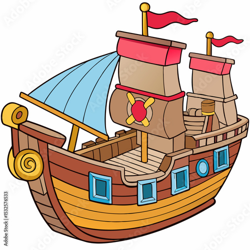 Cute cartoon pirate ship isolated on white background. Pirate ship toy. Suitable for educational poster, logo, children's books and encyclopedias. Children's picture. Vector illustration.