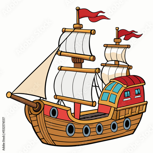 Cartoon colorful pirate ship isolated on white background. Pirate ship toy. Suitable for educational poster, logo, children's books and encyclopedias. Children's picture. Vector illustration.