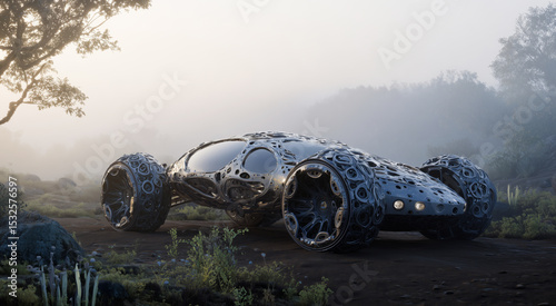 A unique vehicle designed with advanced bioengineering techniques features an exterior made of artificial biotissue. It showcases capabilities for muscular movement in a misty outdoor setting.
