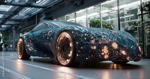 A futuristic bioengineered vehicle is on display in a modern laboratory.