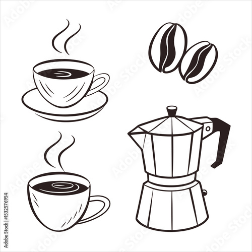 Coffee cup with beans and steam in vector icon style
