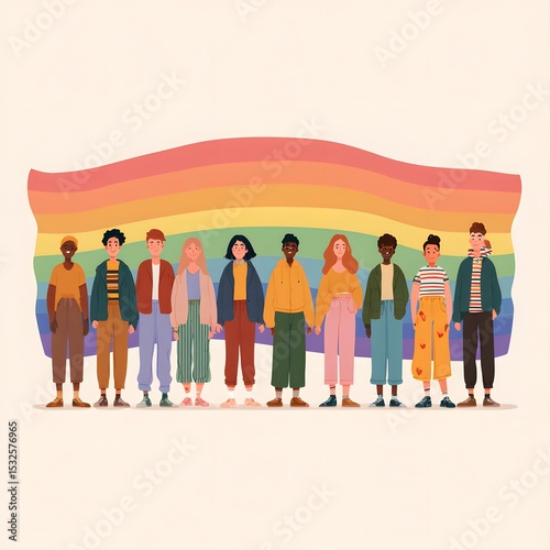 Diverse group of smiling people standing together in front of rainbow flag