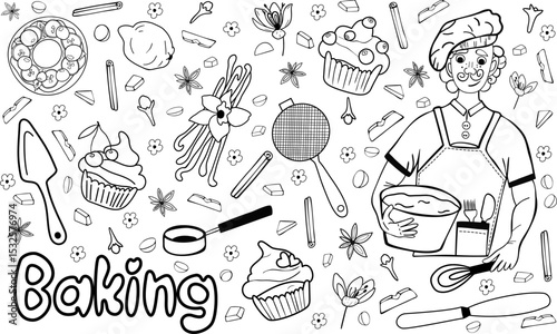 Hand drawn sketch vector illustration set with cooking items, baker and lettering. Bakery products: muffin and cupcake. mixer, spatula, spoons, sieve. Spices: anis, carnation, saffron, cinna
