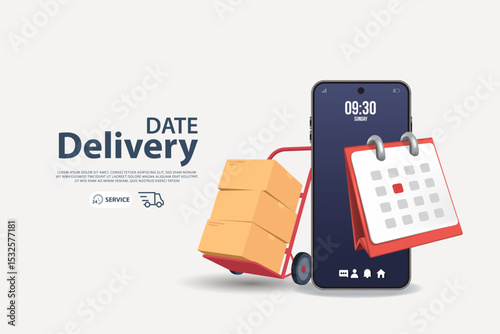 Hand truck is carrying cardboard boxes on purple background, delivery and online shopping concept
