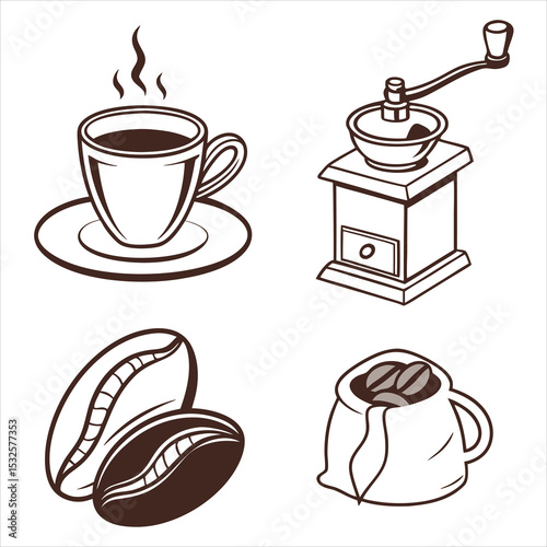 Coffee cup with beans and steam in vector icon style