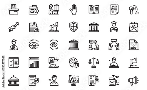 Collection of black and white election and democracy themed icons illustrating voting and governance concepts