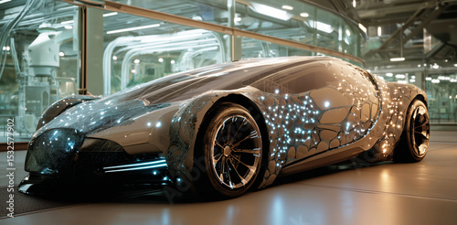 A sleek bioengineered vehicle featuring a futuristic design, highlighting artificial biotissue elements that mimic muscular movement.