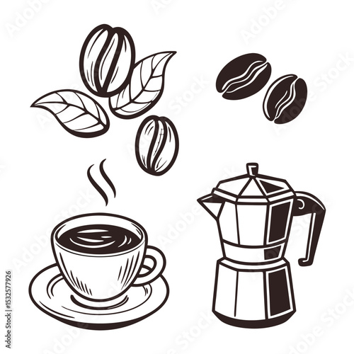 Coffee cup with beans and steam in vector icon style