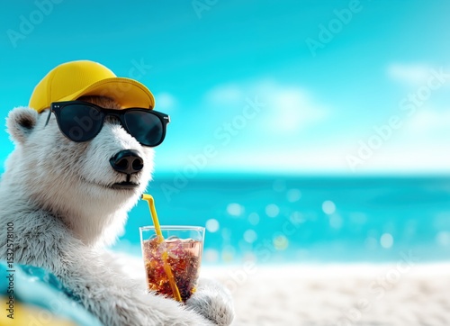Entspannter Eisbär mit kühlem Getränk am Strand