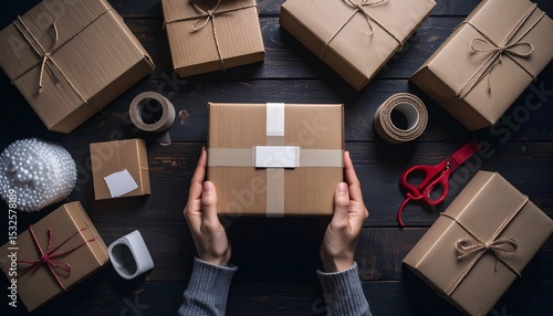 Hands Holding Wrapped Gift Box On Wooden Table
