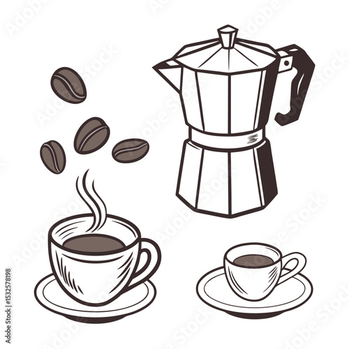 Coffee cup with beans and steam in vector icon style