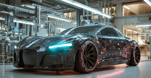 A bioengineered vehicle is displayed in a high-tech lab, highlighting its sleek design and advanced materials.