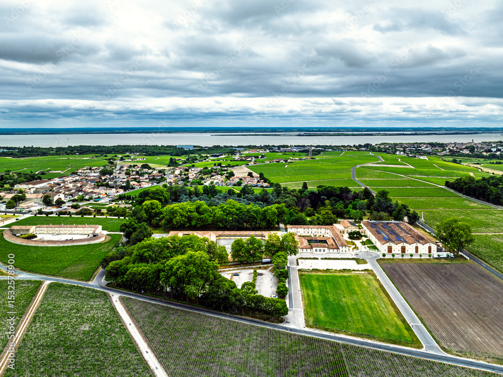 Fototapeta premium Chateau d'Armailhac Vineyard and grape fields around Pauillac and Gironde Estuary from a drone, Bordeaux, Gironde, Nouvelle-Aquitaine, France, Europe