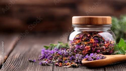 This image beautifully captures a glass jar filled with vibrant dried herbs, set against a rustic wooden tabletop, evoking a sense of natural beauty and tranquility. photo