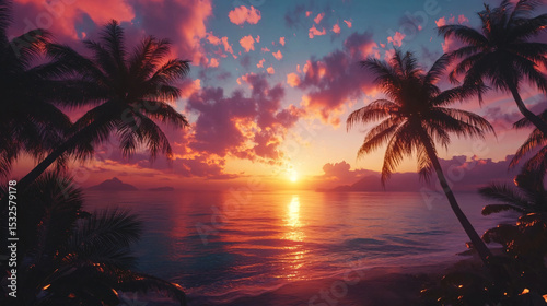 The warm sunset over the ocean with palm trees silhouette is a scenic view.
