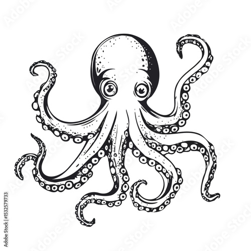 2D flat N Octopus Doodle vector illustration, isolated on a white background.