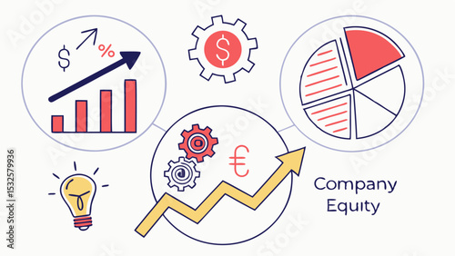 Illustration showing financial growth with bar graph, pie chart, gears, and light bulb representing ideas