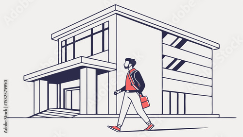 Man walking in front of a modern building with large windows and pillars in a line art style drawing