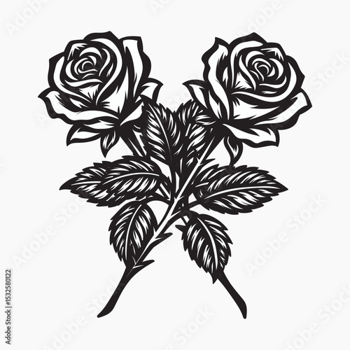 Rose flower with leaves. Flower silhouettes