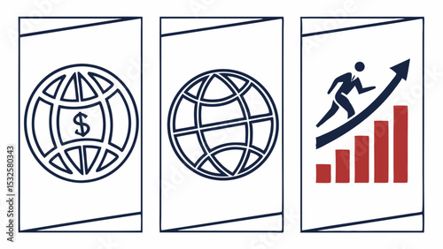Illustration showing three vertical panels with global economy, world, and business growth symbols