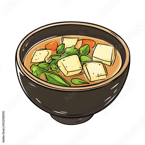 Miso Soup Doodle 2D flat vector illustration, isolated on a white background.