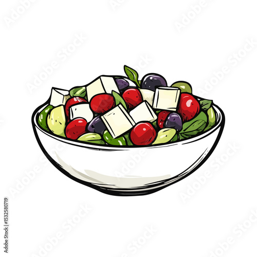 Greek Salad Doodle 2D flat vector illustration, isolated on a white background.