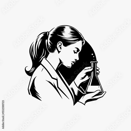 Focused black and white illustration vector logo of a female scientist holding a laboratory flask. Science concept