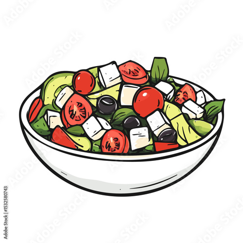 Greek Salad Doodle 2D flat vector illustration, isolated on a white background.
