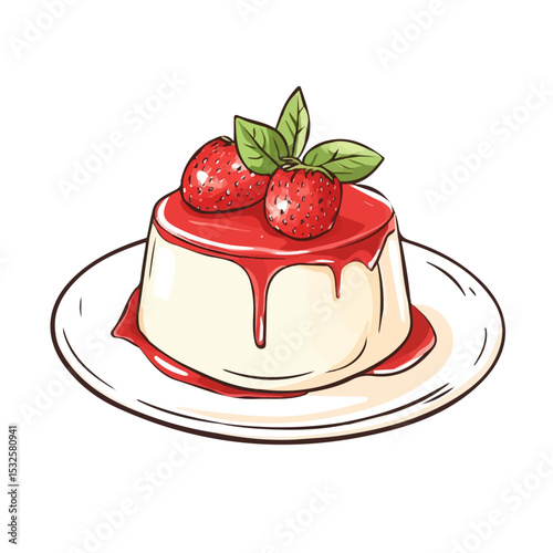 2D flat Panna Cotta Doodle vector illustration, isolated on a white background.